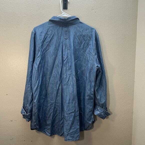 Talbots Button Front Chambray Denim Button Up Shirt Polka Dot Trim Sz Petite XL - Picture 5 of 5